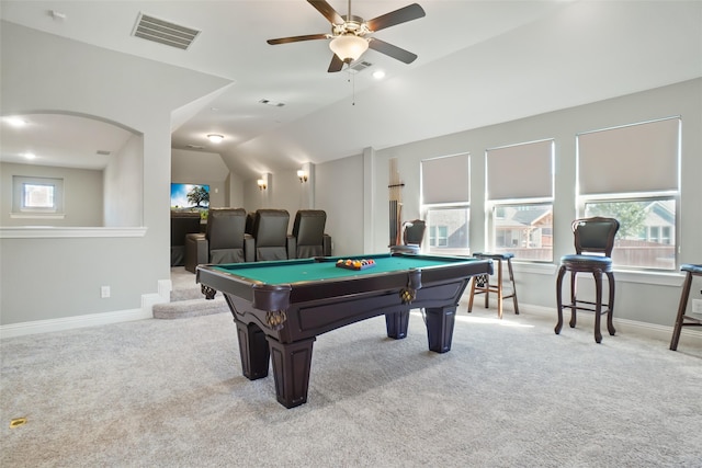 playroom featuring ceiling fan, light carpet, billiards, and lofted ceiling