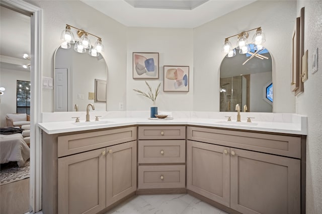 bathroom with vanity and crown molding