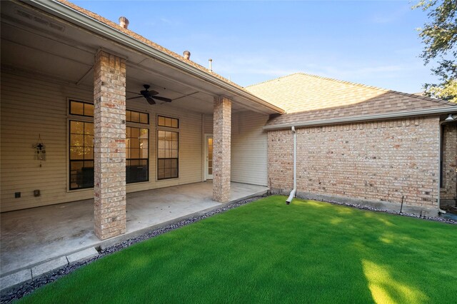 exterior space featuring ceiling fan and a patio