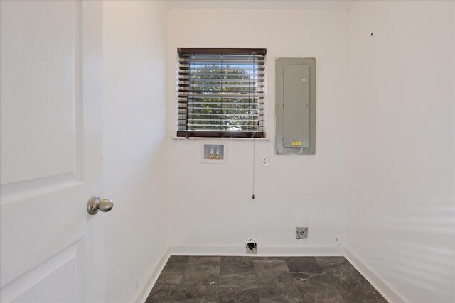 washroom with hookup for a washing machine, baseboards, laundry area, electric panel, and electric dryer hookup