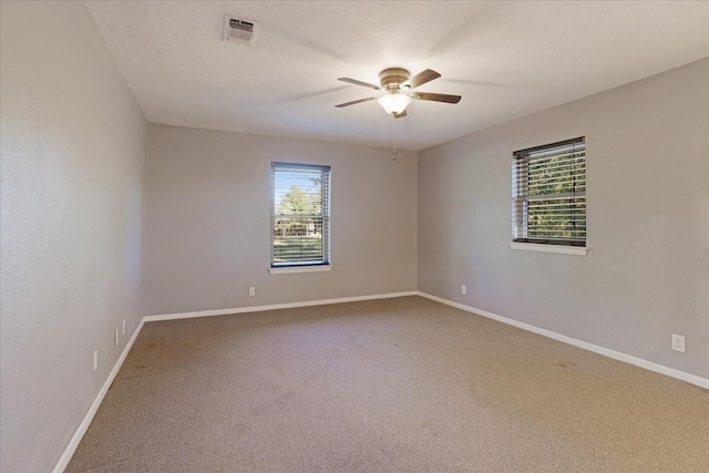 carpeted empty room with visible vents, plenty of natural light, a textured ceiling, and baseboards