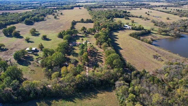 aerial view featuring a water view and a rural view
