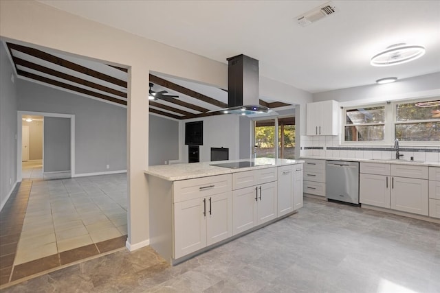 kitchen with black electric stovetop, island range hood, dishwasher, white cabinets, and sink