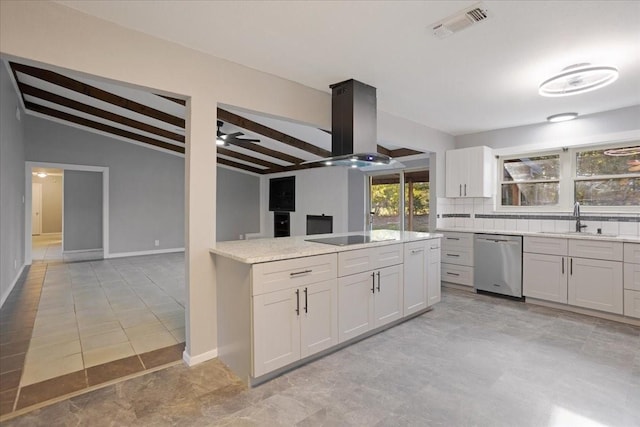 kitchen with visible vents, island exhaust hood, a sink, black electric stovetop, and dishwasher