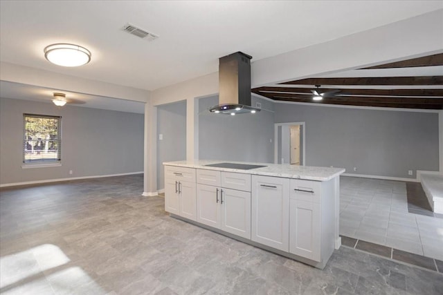 kitchen with island exhaust hood, visible vents, black electric stovetop, and open floor plan