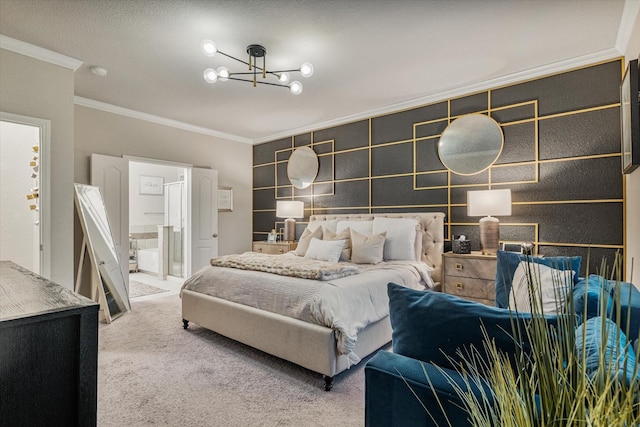 carpeted bedroom with ensuite bathroom, crown molding, and an inviting chandelier