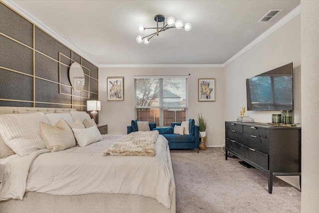 carpeted bedroom featuring a chandelier and ornamental molding