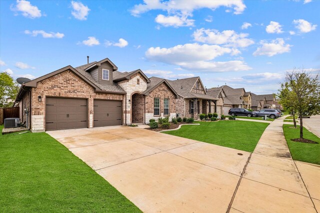 view of front of house featuring central AC unit and a front lawn