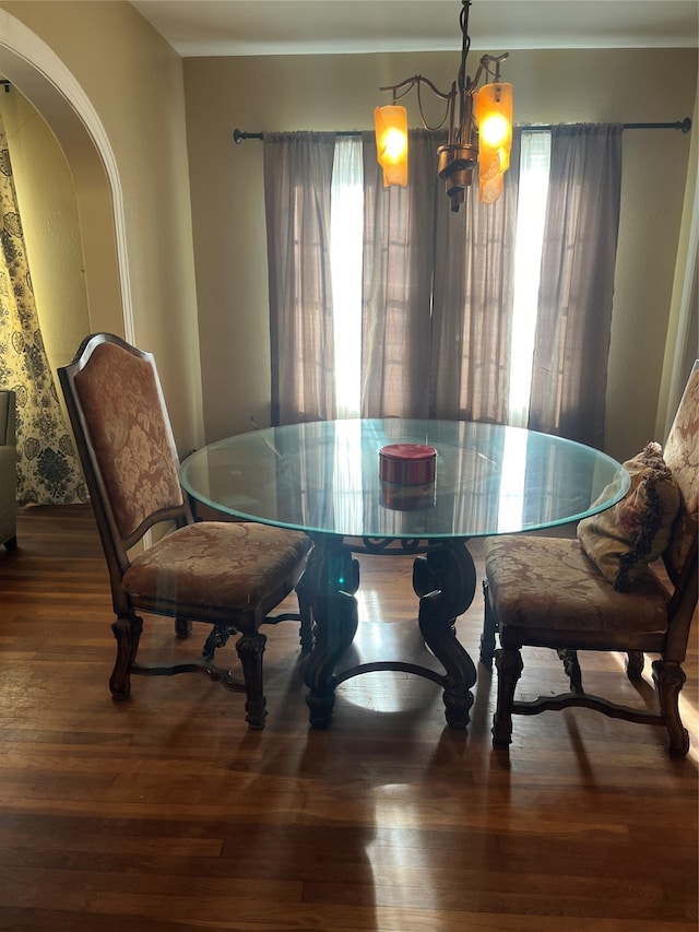 dining room featuring a wealth of natural light, dark hardwood / wood-style floors, and an inviting chandelier