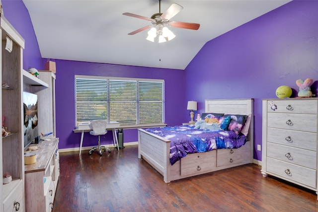 bedroom featuring vaulted ceiling, ceiling fan, and dark wood-type flooring