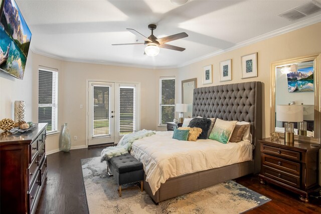 bedroom with french doors, dark hardwood / wood-style flooring, ornamental molding, access to outside, and ceiling fan