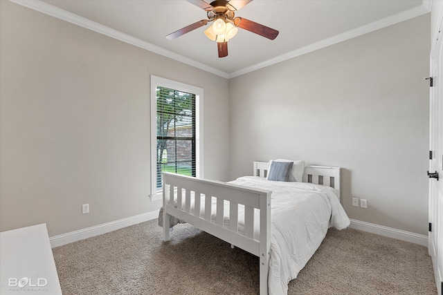 bedroom featuring ceiling fan, light carpet, and ornamental molding