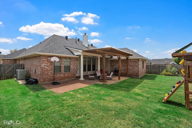 rear view of property featuring a pergola, a playground, a patio area, central air condition unit, and a yard