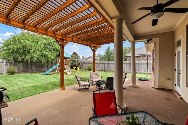 view of patio featuring a playground and a pergola