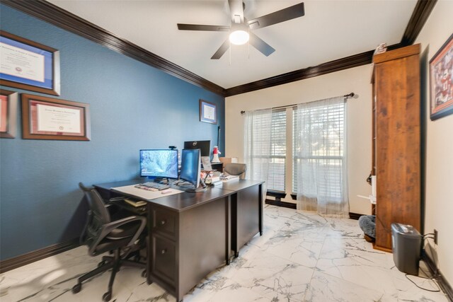 home office with ceiling fan and crown molding