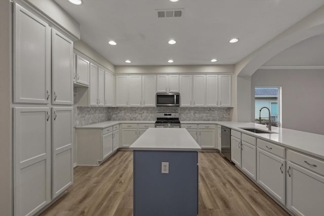 kitchen featuring a center island, sink, light wood-type flooring, and stainless steel appliances