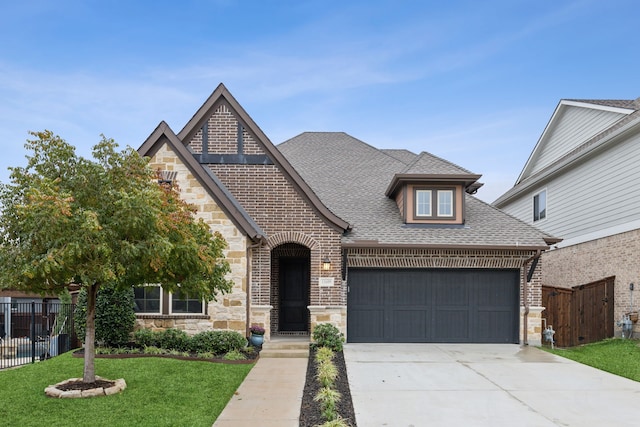 view of front of property with a front lawn and a garage