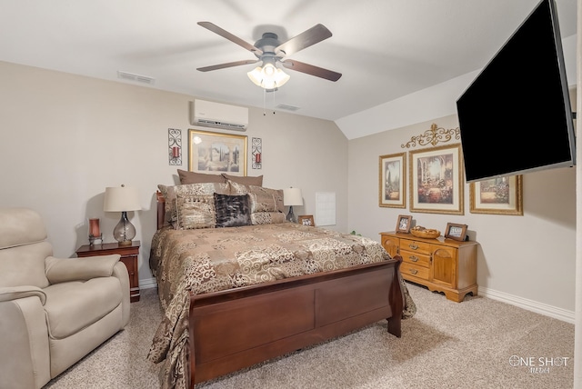 carpeted bedroom featuring ceiling fan, an AC wall unit, and lofted ceiling