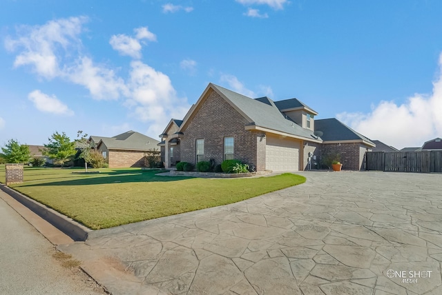 view of side of home featuring a lawn and a garage