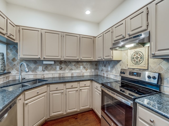 kitchen with tasteful backsplash, dark hardwood / wood-style flooring, sink, and appliances with stainless steel finishes