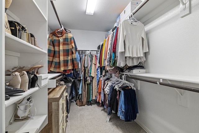 walk in closet featuring light colored carpet