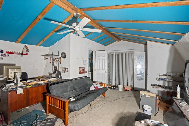 living room featuring lofted ceiling with beams, ceiling fan, and light colored carpet