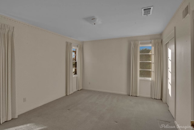 carpeted spare room featuring ornamental molding