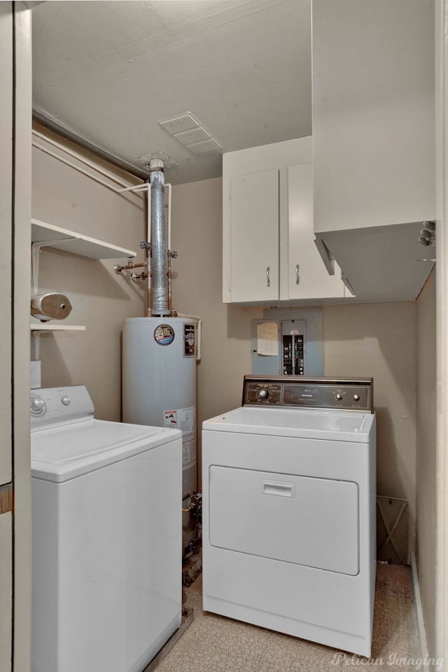 laundry room with separate washer and dryer, water heater, and cabinets