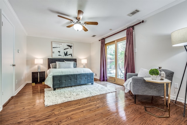 bedroom with access to outside, ceiling fan, hardwood / wood-style flooring, and crown molding