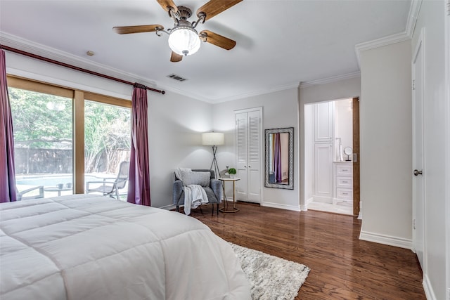 bedroom with a closet, ceiling fan, dark hardwood / wood-style flooring, and crown molding