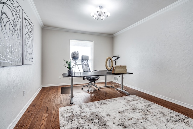 office area featuring hardwood / wood-style floors, an inviting chandelier, and crown molding