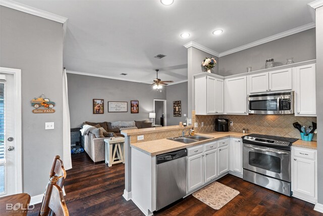 kitchen with kitchen peninsula, appliances with stainless steel finishes, sink, dark hardwood / wood-style floors, and white cabinetry