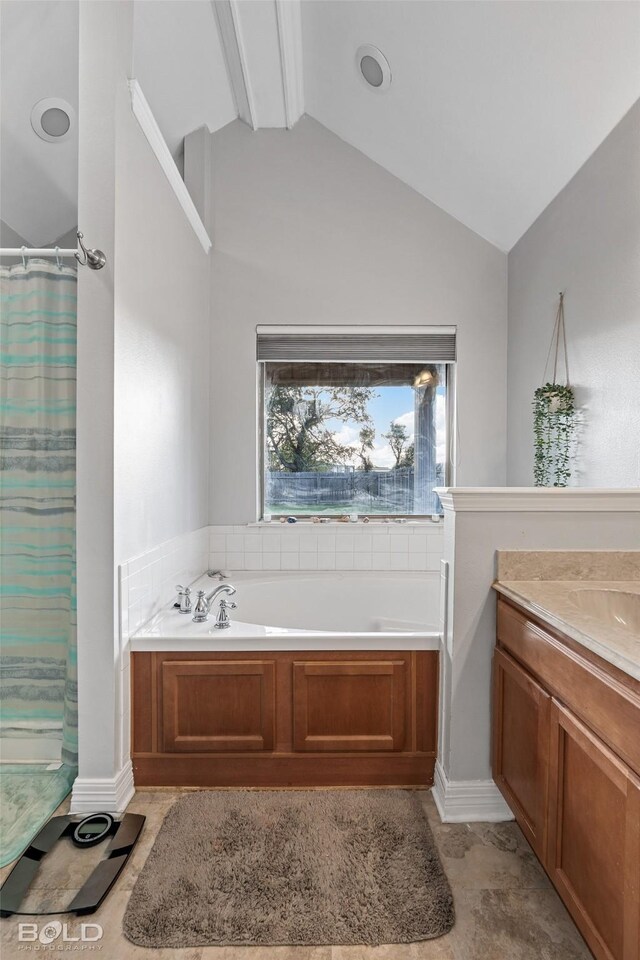 bathroom featuring vaulted ceiling with beams, plus walk in shower, and vanity