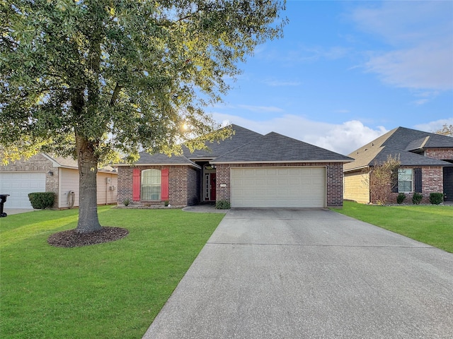 single story home featuring a front yard and a garage