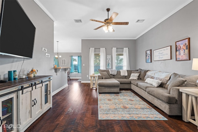 living room featuring crown molding, ceiling fan with notable chandelier, and dark hardwood / wood-style floors