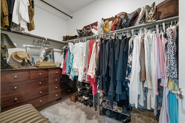 walk in closet featuring light carpet