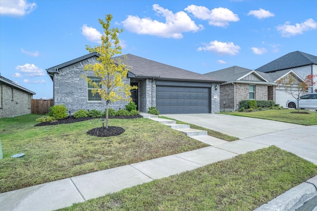 ranch-style home featuring a garage and a front lawn