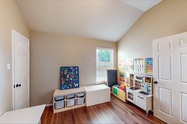 playroom featuring a textured ceiling, lofted ceiling, and dark hardwood / wood-style floors