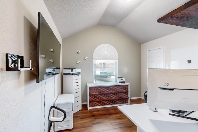 bathroom with vaulted ceiling, hardwood / wood-style flooring, and a textured ceiling