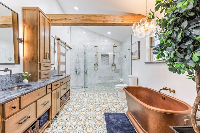 full bathroom with toilet, vanity, lofted ceiling with beams, an inviting chandelier, and independent shower and bath