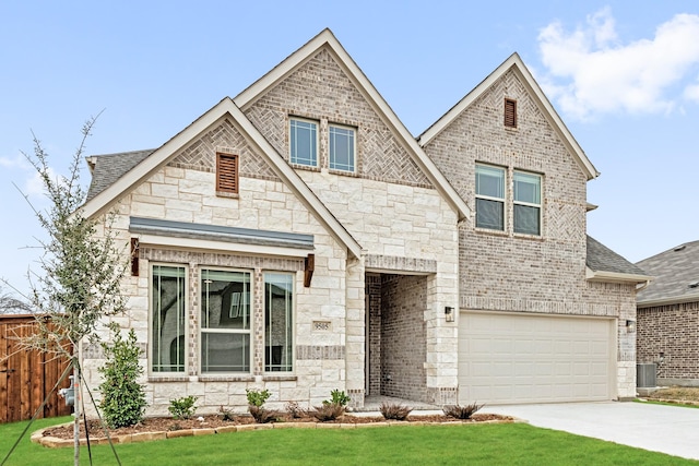 craftsman-style house featuring a garage, central AC, and a front lawn