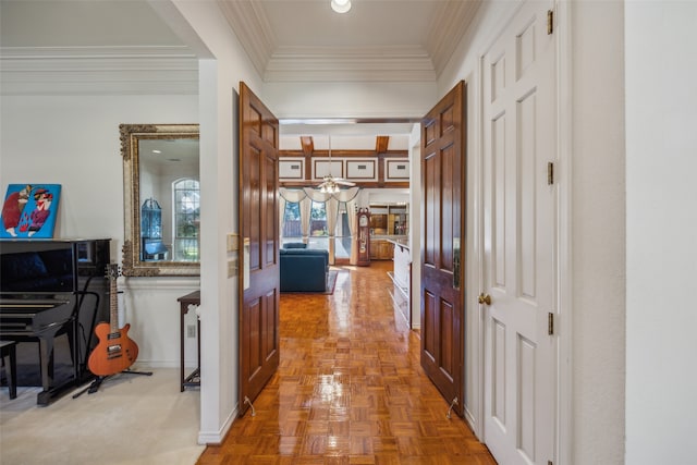 corridor featuring light parquet flooring and ornamental molding