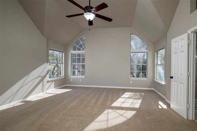 unfurnished living room featuring light carpet, ceiling fan, and lofted ceiling