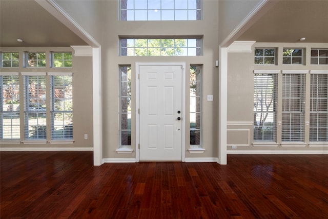 entrance foyer with a high ceiling, crown molding, and dark hardwood / wood-style floors