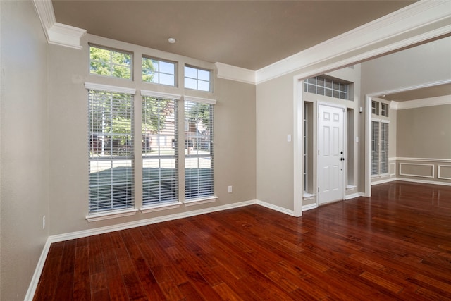 spare room featuring ornamental molding and dark hardwood / wood-style floors