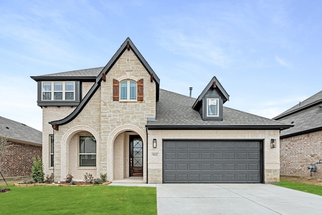 french country style house featuring a front yard and a garage