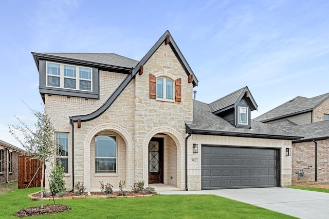 french country home with a front lawn and a garage