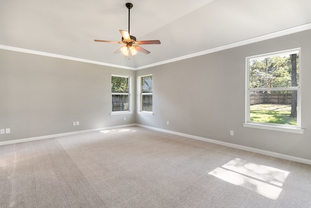 carpeted spare room with ornamental molding, ceiling fan, and lofted ceiling