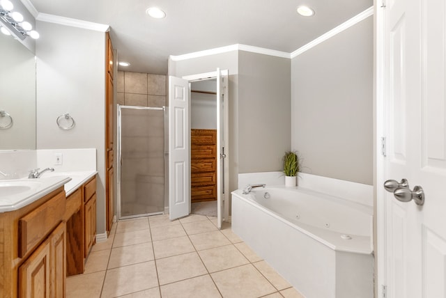 bathroom with tile patterned floors, vanity, ornamental molding, and plus walk in shower