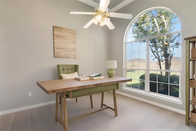 office area featuring carpet floors and ceiling fan